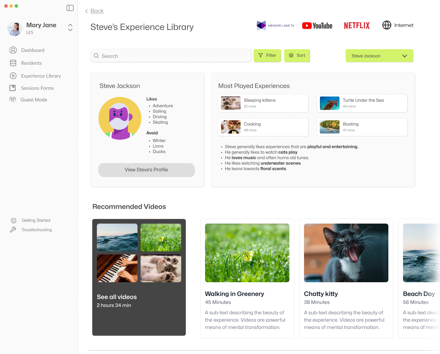 Experience library for a specific resident: preferences, most played, and recommended videos